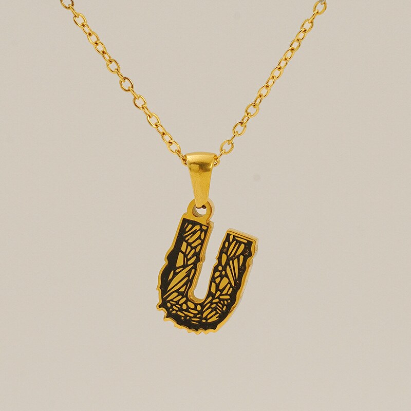 1 Piece Classic Bark Grain Unique Letter U Stainless Steel 18K Gold Plated Unisex Pendant Necklaces h5 